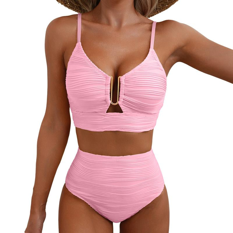 Aleumdr 2 Piece Bikini Set U-Wire Cutout Swimsuit High Waisted Textured 2025 Summer Swimming Clothing Beach Water Sports Tummy Control Swimwear