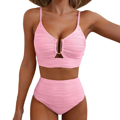 Aleumdr 2 Piece Bikini Set U-Wire Cutout Swimsuit High Waisted Textured 2025 Summer Swimming Clothing Beach Water Sports Tummy Control Swimwear