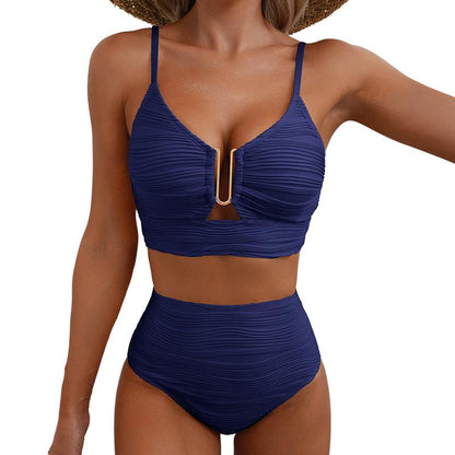 Aleumdr 2 Piece Bikini Set U-Wire Cutout Swimsuit High Waisted Textured 2025 Summer Swimming Clothing Beach Water Sports Tummy Control Swimwear
