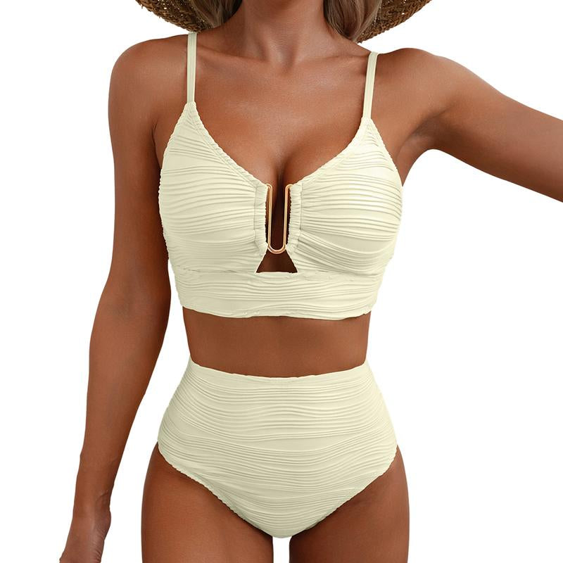 Aleumdr 2 Piece Bikini Set U-Wire Cutout Swimsuit High Waisted Textured 2025 Summer Swimming Clothing Beach Water Sports Tummy Control Swimwear