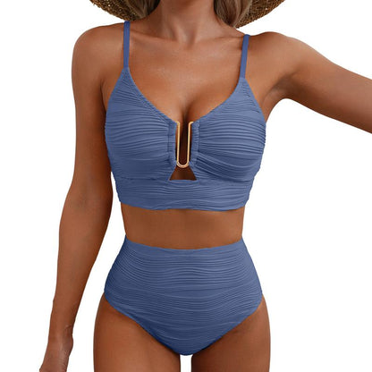 Aleumdr 2 Piece Bikini Set U-Wire Cutout Swimsuit High Waisted Textured 2025 Summer Swimming Clothing Beach Water Sports Tummy Control Swimwear