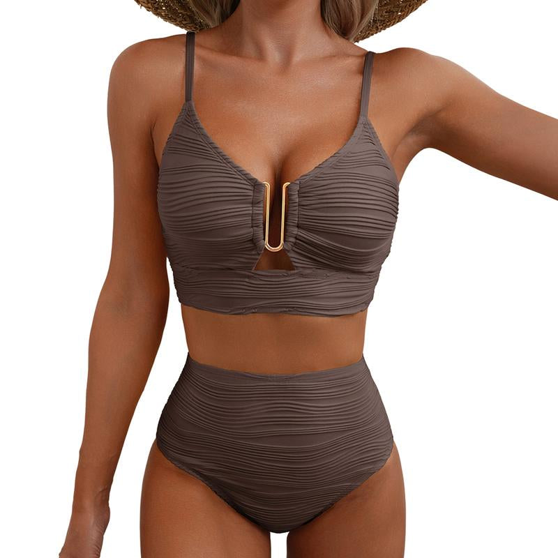 Aleumdr 2 Piece Bikini Set U-Wire Cutout Swimsuit High Waisted Textured 2025 Summer Swimming Clothing Beach Water Sports Tummy Control Swimwear