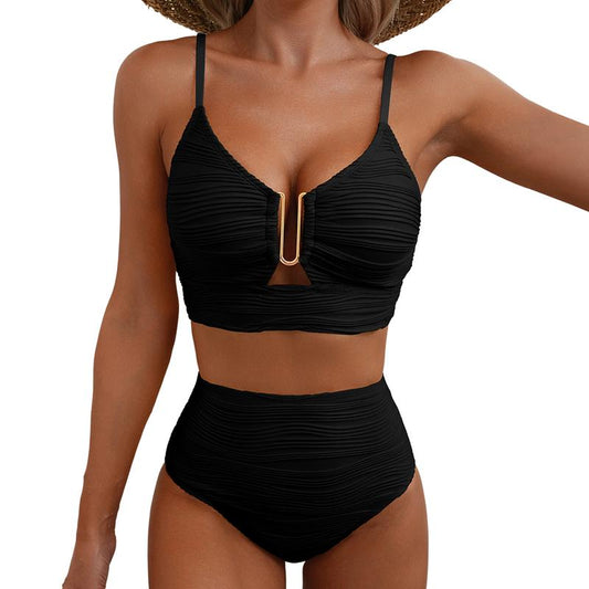 Aleumdr 2 Piece Bikini Set U-Wire Cutout Swimsuit High Waisted Textured 2025 Summer Swimming Clothing Beach Water Sports Tummy Control Swimwear