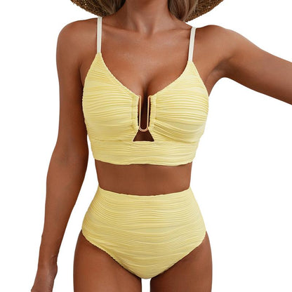 Aleumdr 2 Piece Bikini Set U-Wire Cutout Swimsuit High Waisted Textured 2025 Summer Swimming Clothing Beach Water Sports Tummy Control Swimwear