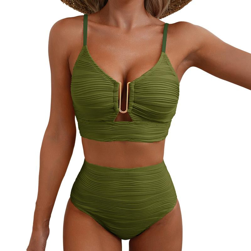 Aleumdr 2 Piece Bikini Set U-Wire Cutout Swimsuit High Waisted Textured 2025 Summer Swimming Clothing Beach Water Sports Tummy Control Swimwear